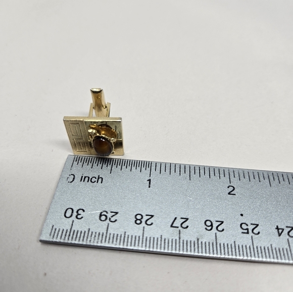 Vintage Mens Gold Tone Cuff Links With Tie Holder Brown Pietersite Stone Classy - Picture 5 of 8